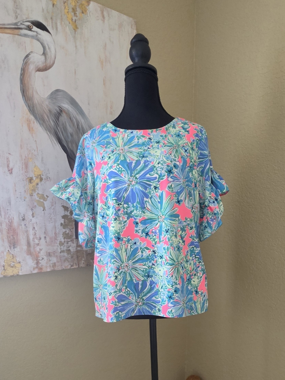 Lilly Pulitzer Pink and Aqua Floral Ruffle-Sleeve Blouse